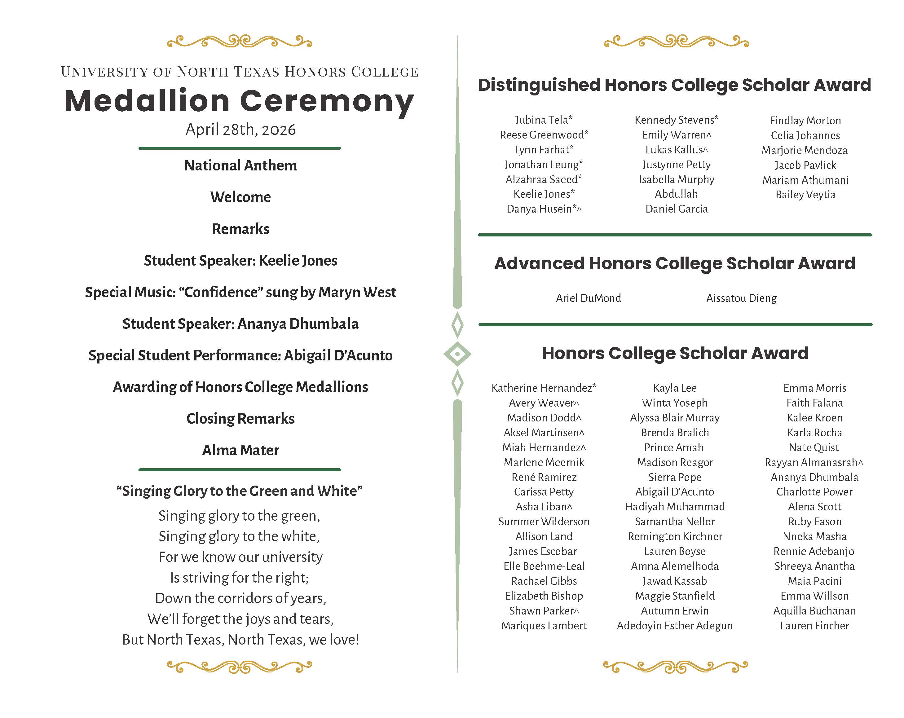 UNT Medallion Ceremony Program Page 1