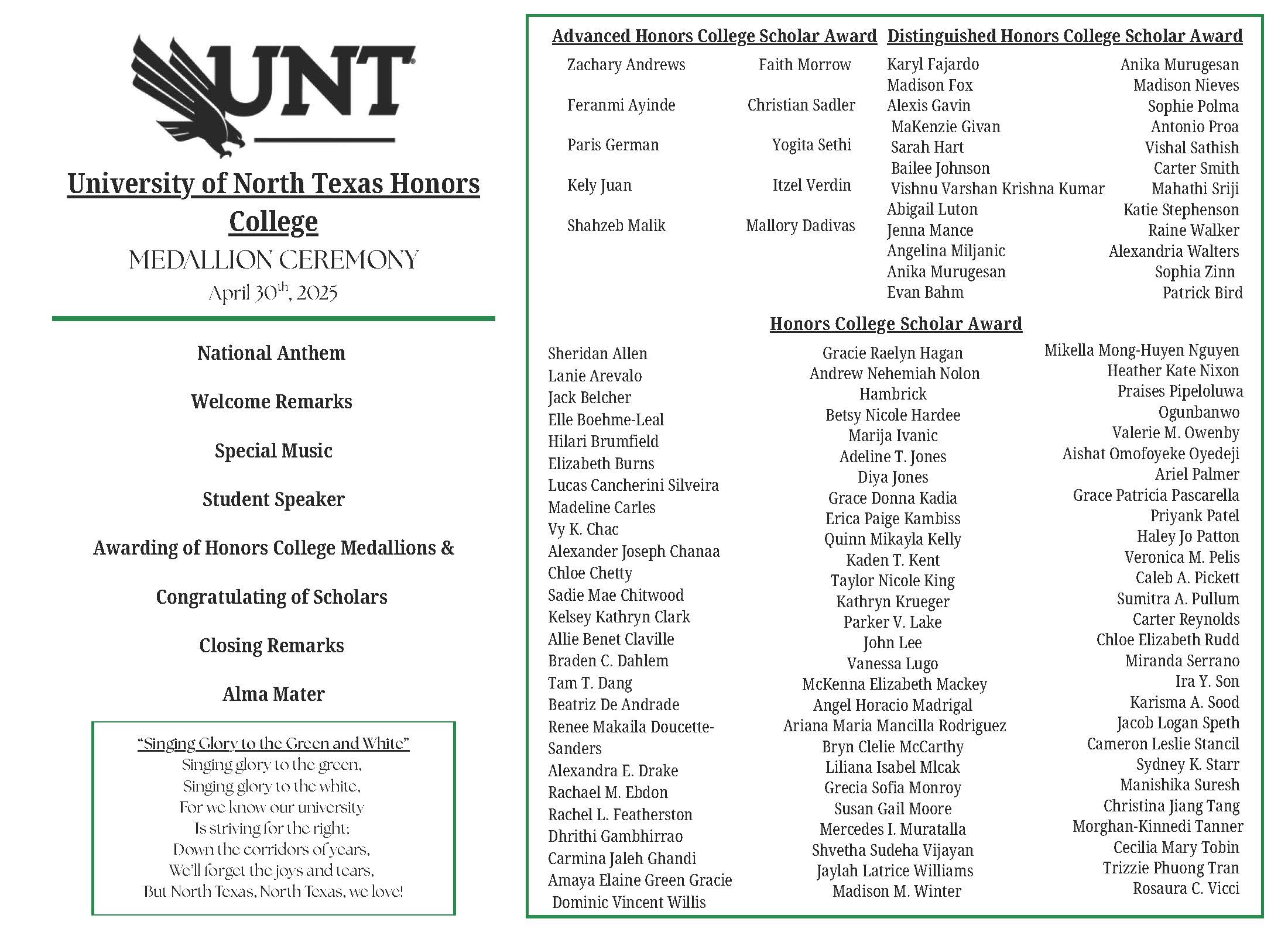 UNT Medallion Ceremony Program