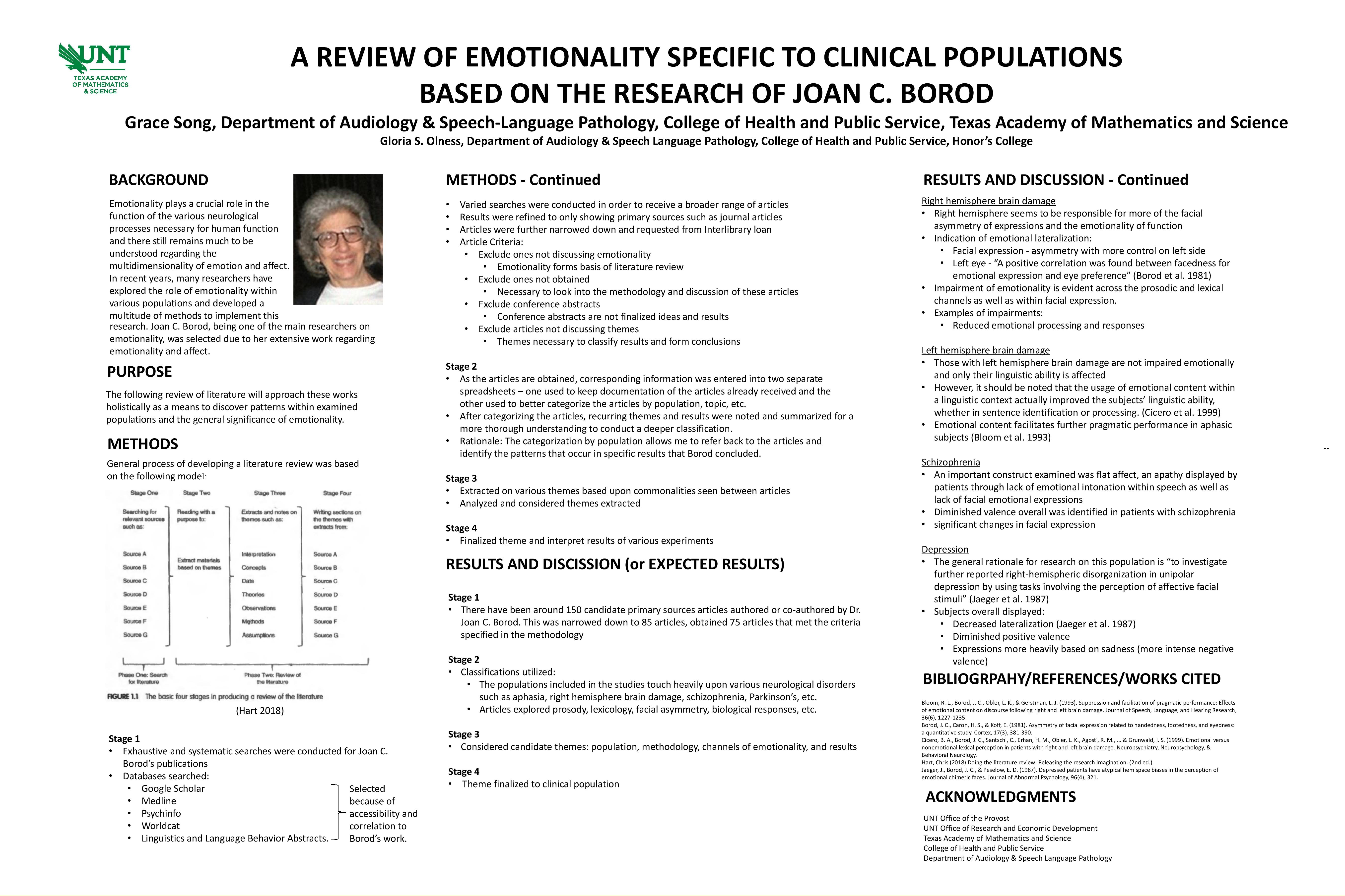 A REVIEW OF EMOTIONALITY SPECIFIC TO CLINICAL POPULATIONS BASED ON THE RESEARCH OF JOAN C. BOROD