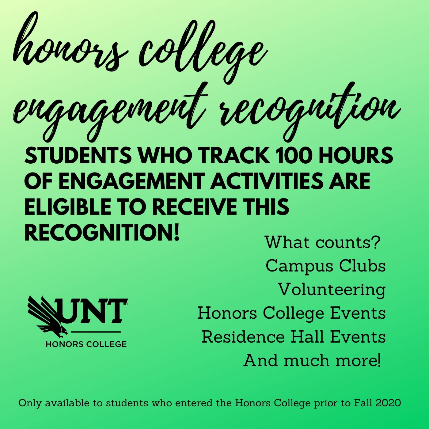 Students who track 100 hours of engagement activities are eligible to receive this recognition.